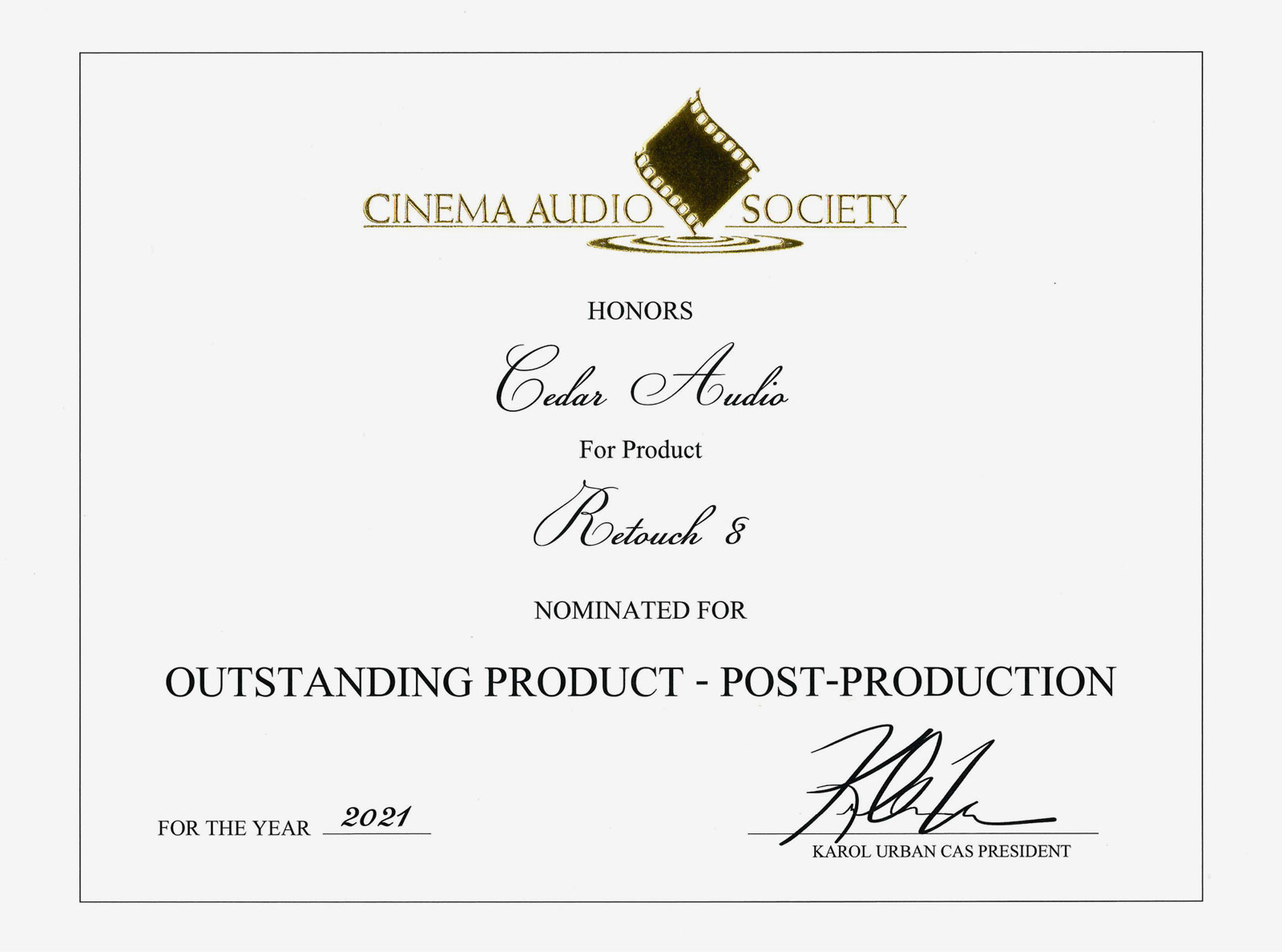 CEDAR Retouch - CAS Award nomination certificate